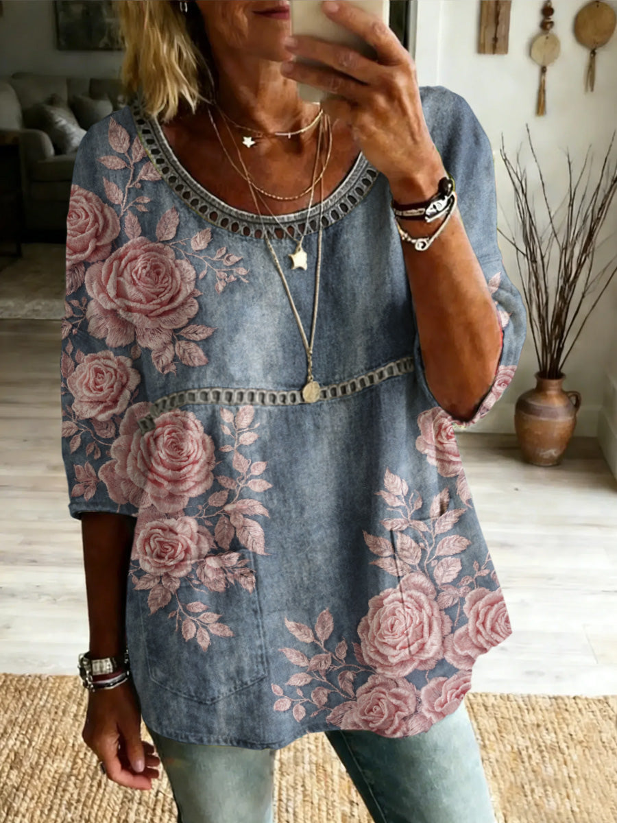 Women's Retro Casual Style Print Vintage Half Sleeves Shirt
